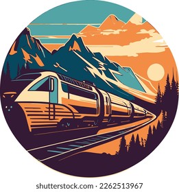 Color image of train against backdrop of mountain landscape in evening..