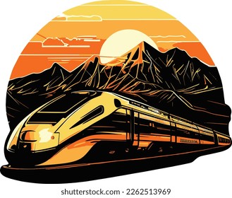 Color image of train against backdrop of mountain landscape in evening..