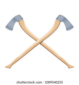 Color image of two crossed axes on a white background. The symbol is the tool of the woodcutter. Vector illustration tools of wood in the style of Cartoon