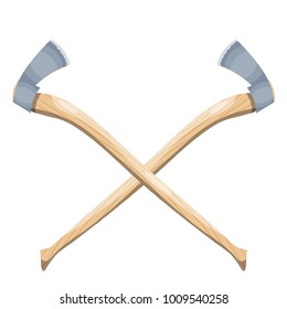 Color image of two crossed axes on a white background. The symbol is the tool of the woodcutter. Vector illustration tools of wood in the style of Cartoon