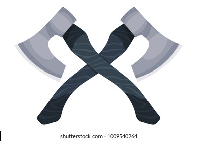 Color image of two crossed axes on a white background. The symbol is the tool of the woodcutter. Vector illustration tools of wood in the style of Cartoon