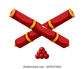 Color image of two crossed cannon barrels on white background Cartoon style. Vector illustration