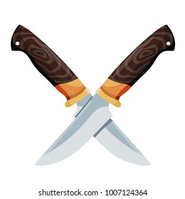 Color image of two crossed knives on a white background. Vector illustration of combat knives