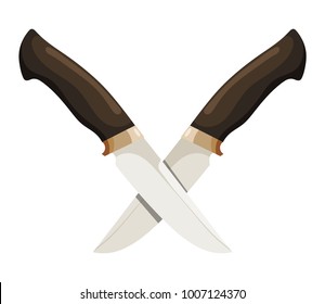 Color image of two crossed knives on a white background. Vector illustration of combat knives