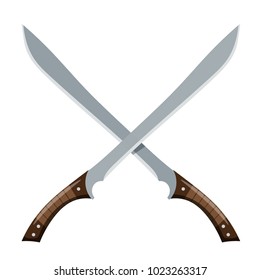 Color image of two crossed machetes on a white background. Vector illustration of a machete style Cartoon