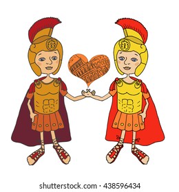 Color Image Two Roman gladiators in armor, helmet and sandals. Cartoon style. Cute illustration drawn by hand. Welcome to Rome. Keep in the hands of the heart with the Coliseum Circuit