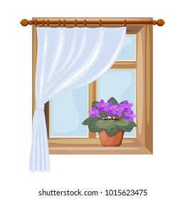 Color image of a window with curtains on a white background. Vector illustration of a window with a flower of violet
