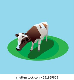 color image of a young bull on a green meadow in the blue circle, vector