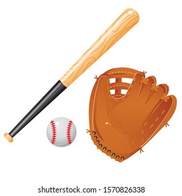 Color images of baseball bat, of ball and of catcher's mitt or glove on white background. Sports equipment. Vector illustration set.