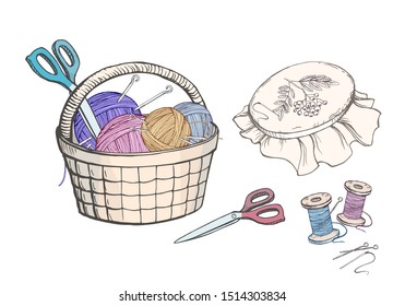 color images of a basket with accessories for sewing and knitting