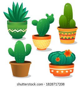 Color images of cactus on white background. Houseplants or indoor plants. Vector illustration set.