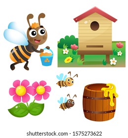 Color images of cartoon bee with honey and hive with flowers on white background. Vector illustration set for kids.