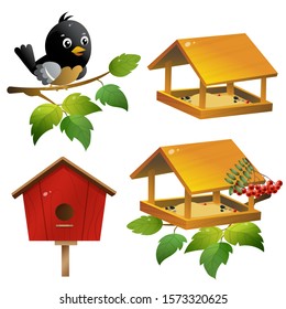 Color images of cartoon bird with birdhouse and of feeder on white background. Vector illustration set for kids.