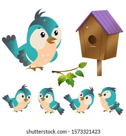 Color images of cartoon bird with birdhouse on white background. Vector illustration set for kids.