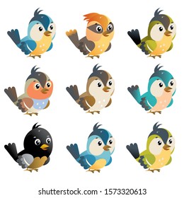 Color images of cartoon birds on white background. Vector illustration set for kids.