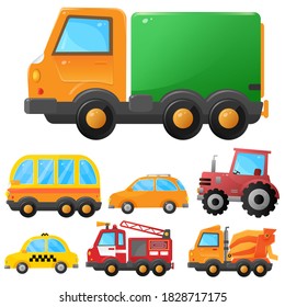 Color images of cartoon cars on white background. Taxi and passenger car. Truck and tractor. Fire truck and concrete mixer. Transport or vehicle. Vector illustration set for kids.