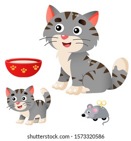 Color images of cartoon cat with kitten on white background. Pets. Vector illustration set for kids.