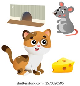 Color images of cartoon cat and mouse with cheese on white background. Vector illustration set for kids.