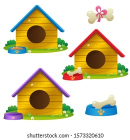 Color images of cartoon dog houses on white background. Pets. Vector illustration set for kids.