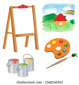 Color images of cartoon easel, of kids drawings with watercolor paint and brush on white background. Vector illustration set for children.