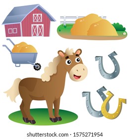 Color images of cartoon horse with horseshoes, of barn and hay on white background. Farm animals. Vector illustration set for kids.