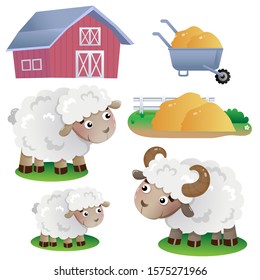 Color images of cartoon sheep with barn and hay on white background. Farm animals. Vector illustration set for kids.