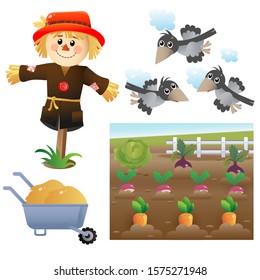 Color images of cartoon stuffed or scarecrow with crows on white background. Vegetable garden. Vector illustration set for kids.
