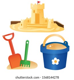 Color images of children's scoop with bucket and sand castle on white background. Outdoors games. Vector illustration set.