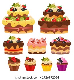 Color images of holiday cakes and cupcakes on white background. Pastry and bakery. Vector illustration set for kids.