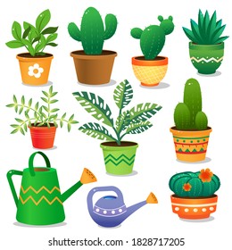 Color images of house plants with watering cans on white background. Vector illustration set.