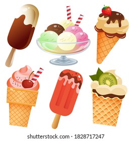 Color images of ice cream on white background. Plombir and fruit ice. Ice cream in a waffle Cup and eskimo. Vector illustration set for kids.