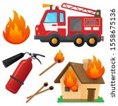 Color images set of fire truck, extinguisher, burning house and flame on a white background. Profession: fireman. Vector illustration for kids. 