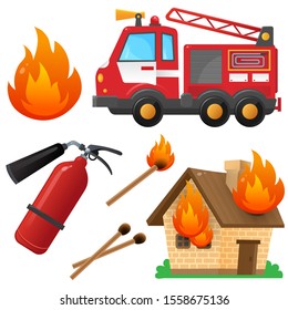 Color images set of fire truck, extinguisher, burning house and flame on a white background. Profession: fireman. Vector illustration for kids. 