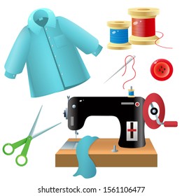 Color images of sewing machine, needle and thread, scissors, shirt on a white background. Needlework. Vector illustration set for handcraft.