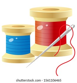 Color images of spools of thread with needle on a white background. Set for sewing. Vector illustration for handcraft.