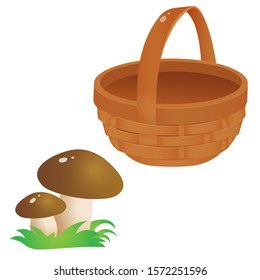 Color images of wicker basket with mushrooms on white background. Vector illustration.