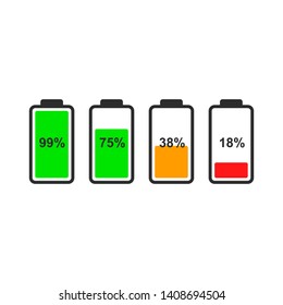 Color indicators of the battery level for the design of the interface of smartphone, tablet and other devices. Battery flat vector icon.