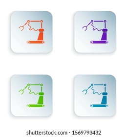 Color Industrial machine robotic robot arm hand factory icon isolated on white background. Industrial robot manipulator. Set icons in square buttons. Vector Illustration