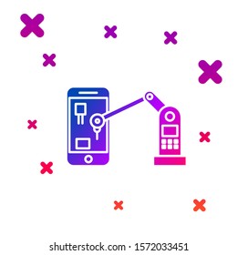 Color Industrial machine robotic robot arm hand on mobile phone factory icon isolated on white background. Industrial robot manipulator. Gradient random dynamic shapes. Vector Illustration