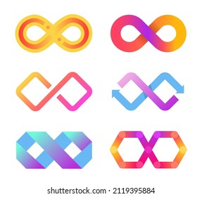 Icono de infinito de color. Signo sin fin con flechas y líneas. Símbolo abstracto de la eternidad para el logo comercial. Formas conectadas con curvas futuristas, diseño de ciclo geométrico colorante aislado conjunto vectorial