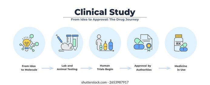 Banner infográfico colorido com ícone definido para estudo clínico e desenvolvimento de fármacos. De molécula a paciente, esse vetor médico mostra cada fase de teste e aprovação.