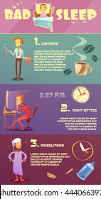 Color infographic depicting reason bad sleep caffeine night sitting mosquitoes vector illustration