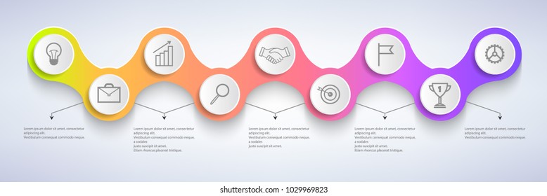 Color infographic with icons isolated in circles, graphic and bulb, hands and cup, flag and gear, aim and diplomat, vector illustration, text sample
