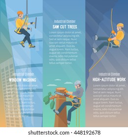 Color information vertical flat banners showing the need  for industrial climbing window washing cut trees high-altitude work vector illustration