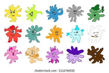 Color ink blobs, splashes of liquid paint with friendly smiling faces in various artistic poses. Mulicolor smudge cartoon avatars. Kids colour learning worksheet