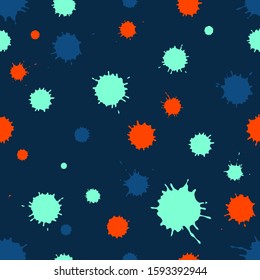 Color ink blot seamless pattern. Seamless vector pattern of ink blots on a dark background. Paint stains. Lush lava, aqua menthe, classic blue colour blots. Grunge background.