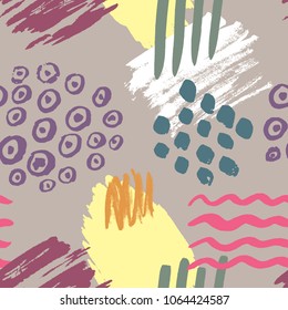 Color ink brushes grunge seamless pattern, hand drawing backgrounds, brush strokes elements. Vector texture.