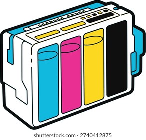 Color ink cartridges set for printer, cyan magenta yellow black CMYK refill pack, clean cartoon illustration