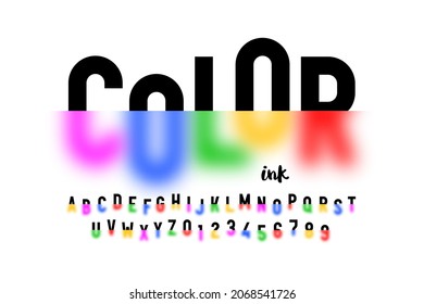 Color ink half-blurred colorful font, alphabet letters and numbers vector illustration