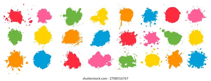 Color ink splatter splash paint stain set with bright abstract drops and messy artistic shapes in vivid graphic style on transparent background